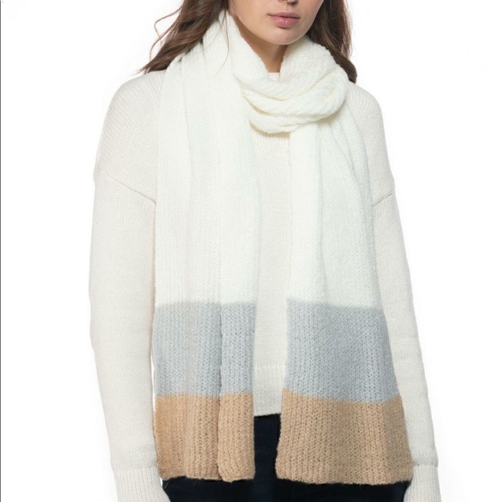 Style & Co White Gray Tan Knit Rib Colorblock Striped Muffler Scarf One Size NWT